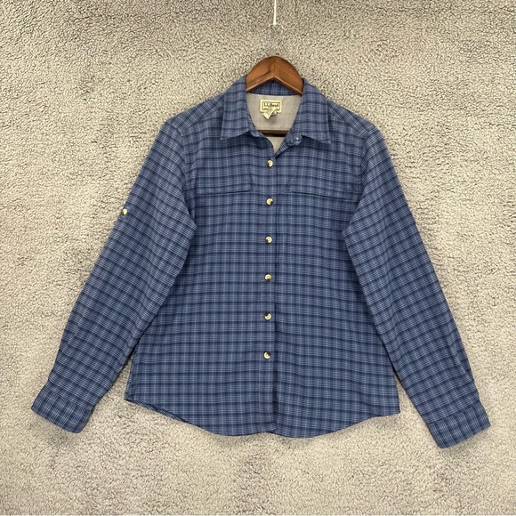 L.L. Bean Tops - L.L. Bean Fishing Button Shirt Blue Plaid Coolmax Nylon Women Size Medium